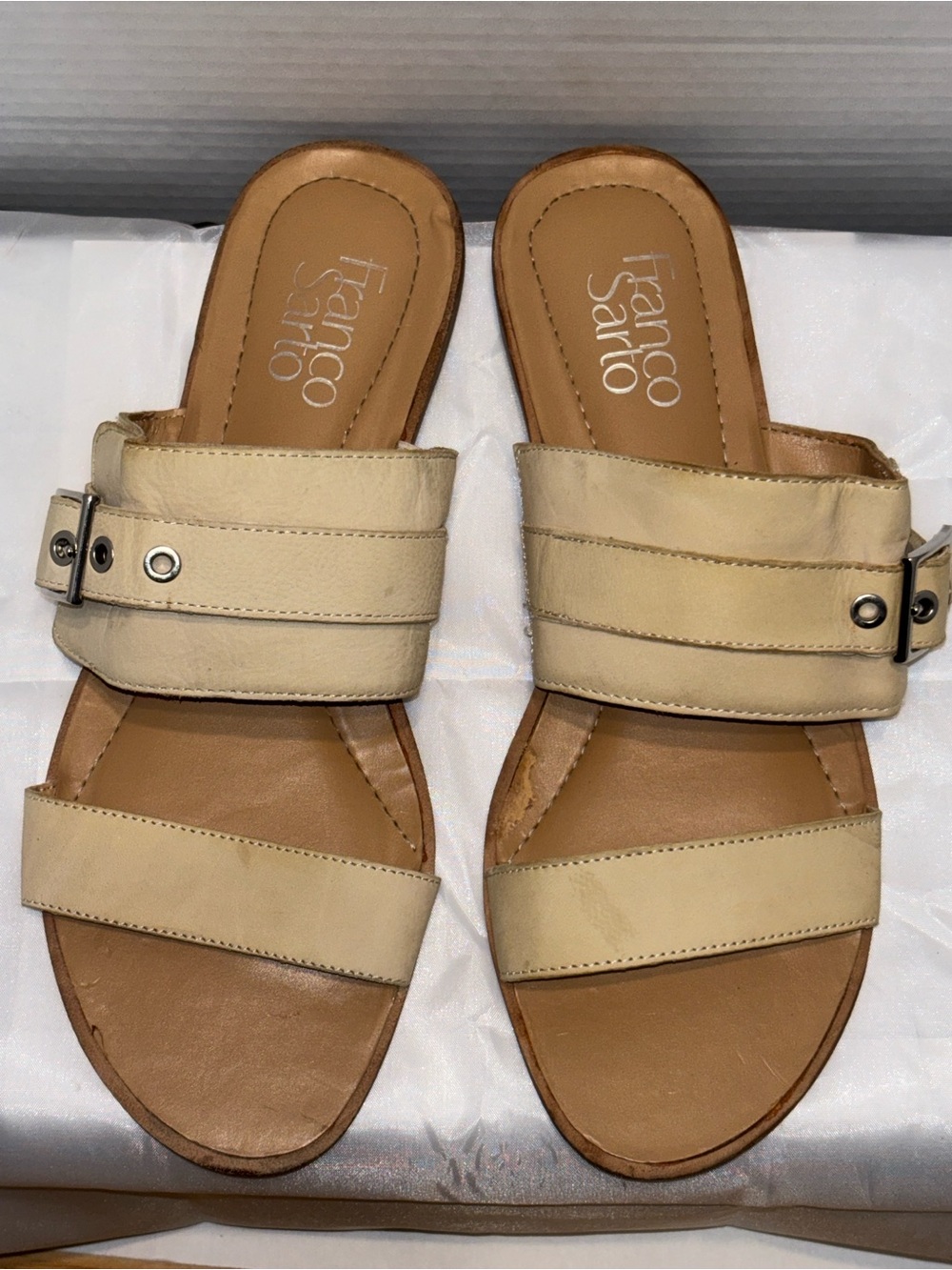 Franco Sarto Beige Double-Strap Slide Sandals for Women